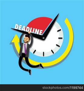 Deadline business concept,Sad caucasian Businessman hanging on the clock arrow,flat vector illustration