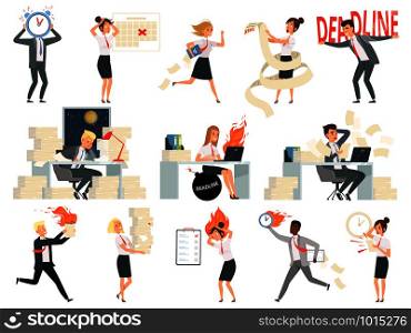 Deadline characters. Business overworked people directors managers stressed and rushing danger workspace vector people isolated. Illustration of deadline rushing on workspace, overtime and overworked. Deadline characters. Business overworked people directors managers stressed and rushing danger workspace vector people isolated