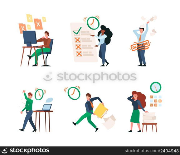 Deadline characters. Business people managers bad office discipline working in stressed time workspace garish vector profesional. Illustration of business manager character, man employee deadline. Deadline characters. Business people managers bad office discipline working in stressed time corporative workspace garish vector profesiional person