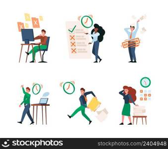 Deadline characters. Business people managers bad office discipline working in stressed time workspace garish vector profesional. Illustration of business manager character, man employee deadline. Deadline characters. Business people managers bad office discipline working in stressed time corporative workspace garish vector profesiional person