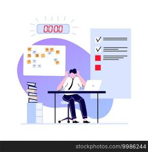 Deadline concept, employee busy and hurry finish work. Illustration character at workplace feel stress, manager office employee try work done in time vector. Deadline concept, employee busy and hurry finish work