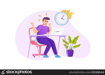 Deadline concept in flat style with people scene. Frustrated and angry man working on laptop, rushing to complete work tasks on time, getting stressed at overtime. Vector illustration for web design
