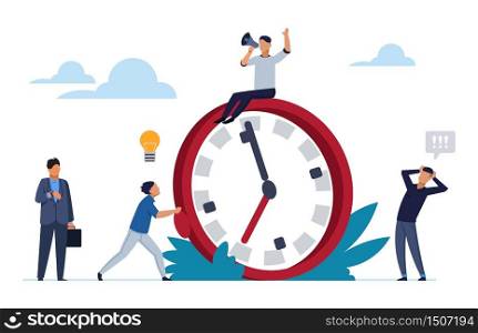 Deadline concept. Office people work in high stress. Flat cartoon vector illustration characters working overtime for effective organization process working. Deadline concept. Office people work in high stress. Flat cartoon vector characters working overtime