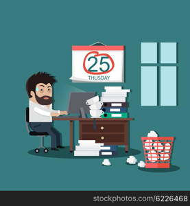 Deadline design concept interior man. Calendar deadline, time and time running out, timeline and due date, business work office deadline job vector illustration.Table on which many folders with paper