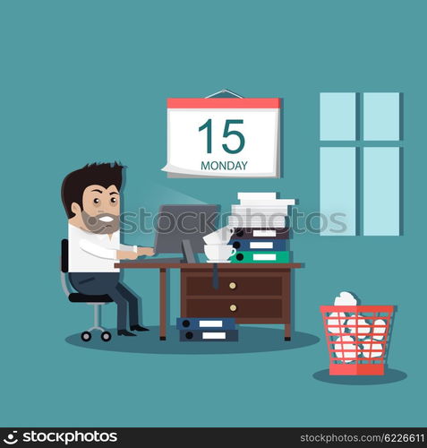 Deadline design concept interior man. Calendar deadline, time and time running out, timeline and due date, business work office deadline job vector illustration.Table on which many folders with paper