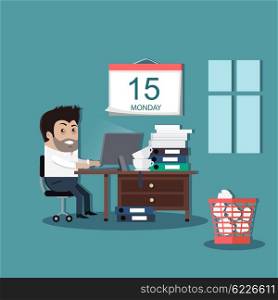 Deadline design concept interior man. Calendar deadline, time and time running out, timeline and due date, business work office deadline job vector illustration.Table on which many folders with paper