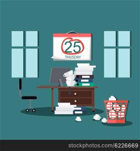 Deadline design concept interior man. Calendar deadline, time and time running out, timeline and due date, business work office deadline job vector illustration.Table on which many folders with paper