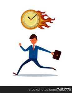 Deadline in office, burning clock and hurrying up male character with briefcase. Businessman running in stress, time management, last minute, watch in fire. Deadline in Office, Burning Clock Hurrying Up Male