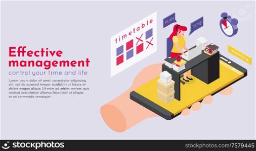 Deadline isometric background composition of editable text and conceptual images of workspace timetable and human hand vector illustration