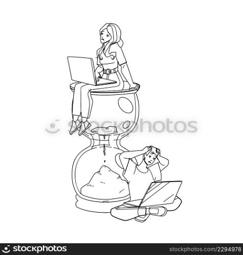 Deadline Missing Boy And Girl Employees Black Line Pencil Drawing Vector. Young Man And Woman Miss Deadline For Finish Project On Laptop. Characters Businesspeople Working Process And Business. Deadline Missing Boy And Girl Employees Vector