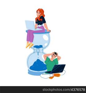 Deadline Missing Boy And Girl Employees Vector. Young Man And Woman Miss Deadline For Finish Project On Laptop. Characters Businesspeople Working Process And Business Flat Cartoon Illustration. Deadline Missing Boy And Girl Employees Vector