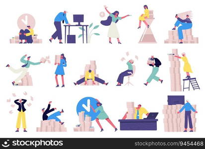 Deadline office work. Unorganised rushing office characters, time management vector illustration set of exhausted and productivity document. Deadline office work. Unorganised rushing office characters, time management vector illustration set