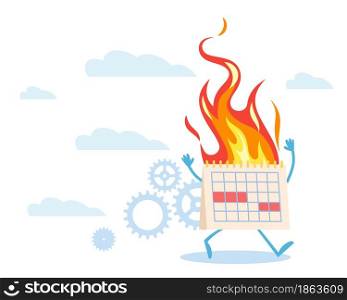 Deadline Panic. Paper spiral calendar running and burning, diary organizer in fire, self control and discipline, working on timeline less. Time management concept. Vector cartoon isolated illustration. Deadline Panic. Paper spiral calendar running and burning, diary organizer in fire, self control and discipline, working on timeline less. Time management concept. Vector illustration