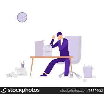 Deadline preparation in office illustration. Tired upset character with bundles of documents trying to prepare report for delivery busy schedule of vector businessman.. Deadline preparation in office illustration. Tired upset character with bundles of documents.