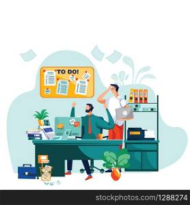 Deadline, teamwork and brainstorm business concept vector. Team of employees in company office working on project, staff cooperation, two men generate ideas and put them on task board. Deadline, teamwork and brainstorm business concept