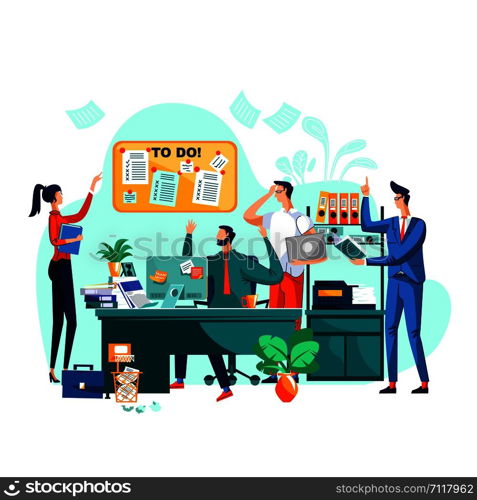 Deadline, teamwork and brainstorm business concept vector. Team of employees in company office working on project, staff cooperation, men and women generate ideas and put them on task board. Deadline, teamwork and brainstorm business concept