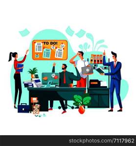 Deadline, teamwork and brainstorm business concept vector. Team of employees in company office working on project, staff cooperation, men and women generate ideas and put them on task board. Deadline, teamwork and brainstorm business concept