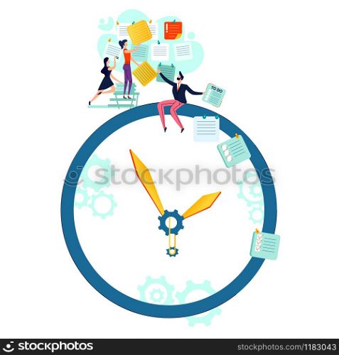 Deadline, time management and teamwork business concept vector. Large watches with gear and workers with to do task cards. Deadline, time management business concept vector