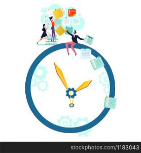 Deadline, time management and teamwork business concept vector. Large watches with gear and workers with to do task cards. Deadline, time management business concept vector