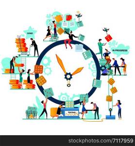 Deadline, time management and teamwork business concept vector. Large watches and workers with task cards, process of generating idea, turning it into task to do, through progress and testing to done,. Deadline, time management business concept vector