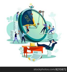 Deadline time management business concept vector. Large watches and hurried workers pulling clock hand using rope pulley or block system, trying to stop or slow down time, teamwork and watching boss. Deadline, time management business concept vector
