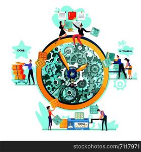 Deadline, time management, teamwork and business mechanisms concept vector. Large watches with gears and workers with task cards from to do to done. Hidden mechanisms and gears of business processes. Deadline, time management business concept vector