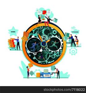 Deadline, time management, teamwork and business mechanisms concept vector. Large watches with gears and workers with task cards from to do to done. Hidden mechanisms and gears of business processes. Deadline, time management business concept vector