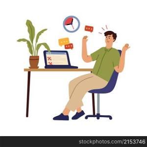 Deadline work. Time management, home office worker. Geek freelance, remote employee sitting with laptop with many red messages vector concept. Illustration of deadline management time work. Deadline work. Time management, home office worker. Geek freelance, remote employee sitting with laptop with many red messages vector concept