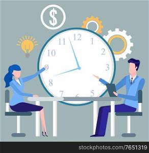 Deadline work, time management, man and woman discussing project, teamwork collaboration. Employees finance strategy, developing innovation vector. Worker Developing, Time Management, Clock Vector