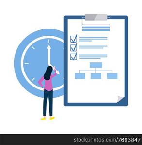Deadlines of woman vector, clipboard with empty space in box, checklist with marks, female winding clock. Page with things to do to complete flat style. List with Things to Do, Woman with Clock Deadline
