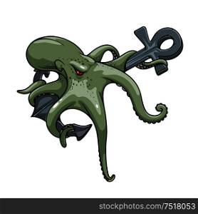 Deadly dangerous greyish green monstrous octopus cartoon symbol twined around vintage ships anchor. Marine club symbol, shipwreck theme or tattoo design usage. Monstrous octopus twined around anchor symbol