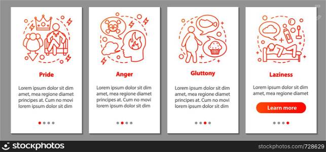 Deadly sins onboarding mobile app page screen with linear concepts. Pride, laziness, gluttony, anger steps graphic instructions. UX, UI, GUI vector template with illustrations. Deadly sins onboarding mobile app page screen with linear concep