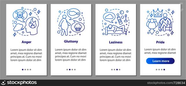 Deadly sins onboarding mobile app page screen with linear concepts. Pride, laziness, gluttony, anger steps graphic instructions. UX, UI, GUI vector template with illustrations. Deadly sins onboarding mobile app page screen with linear concep