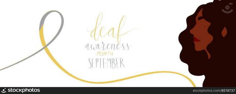Deaf awareness month september handwritten calligraphy. Yellow and gray support ribbon. Vector illustration card template.. Deaf awareness month september handwritten calligraphy. Yellow and gray support ribbon. Vector card template.