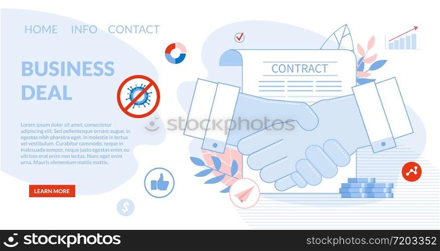 Deal Agreement and Cooperation. Businessman Shaking Hands over Signed Contract paper Document Design. Successful Business, Partnership, Investment, Startup after Covid19 Pandemic. Landing Page. Deal Agreement Cooperation Business Landing Page