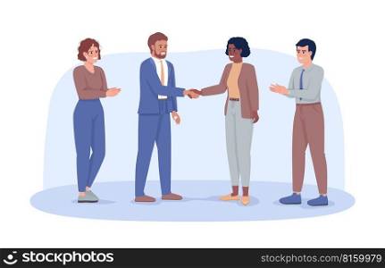 Deal closing 2D vector isolated illustration. Corporate work. Successful business contract flat characters on cartoon background. Colorful editable scene for mobile, website, presentation. Deal closing 2D vector isolated illustration