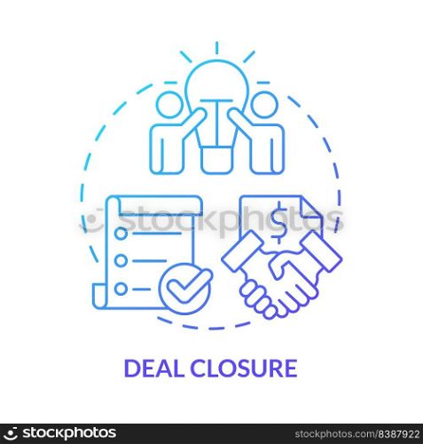Deal closure blue gradient concept icon. Complete and execute transaction. Stage of merger abstract idea thin line illustration. Isolated outline drawing. Myriad Pro-Bold fonts used. Deal closure blue gradient concept icon