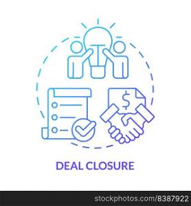 Deal closure blue gradient concept icon. Complete and execute transaction. Stage of merger abstract idea thin line illustration. Isolated outline drawing. Myriad Pro-Bold fonts used. Deal closure blue gradient concept icon
