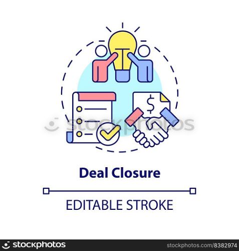 Deal closure concept icon. Complete and execute transaction. Stage of merger abstract idea thin line illustration. Isolated outline drawing. Editable stroke. Arial, Myriad Pro-Bold fonts used. Deal closure concept icon