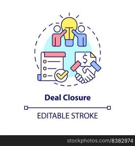 Deal closure concept icon. Complete and execute transaction. Stage of merger abstract idea thin line illustration. Isolated outline drawing. Editable stroke. Arial, Myriad Pro-Bold fonts used. Deal closure concept icon