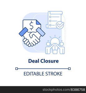 Deal closure light blue concept icon. Complete transaction. Stage of merger abstract idea thin line illustration. Isolated outline drawing. Editable stroke. Arial, Myriad Pro-Bold fonts used. Deal closure light blue concept icon