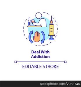 Deal with addiction concept icon. Support group for drug and alcohol addict abstract idea thin line illustration. Isolated outline drawing. Editable stroke. Roboto-Medium, Myriad Pro-Bold fonts used. Deal with addiction concept icon