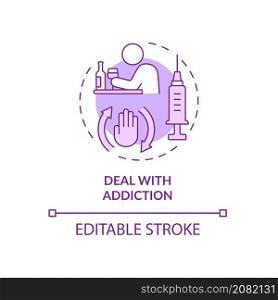 Deal with addiction purple concept icon. Coping with bad habits abstract idea thin line illustration. Isolated outline drawing. Editable stroke. Roboto-Medium, Myriad Pro-Bold fonts used. Deal with addiction purple concept icon