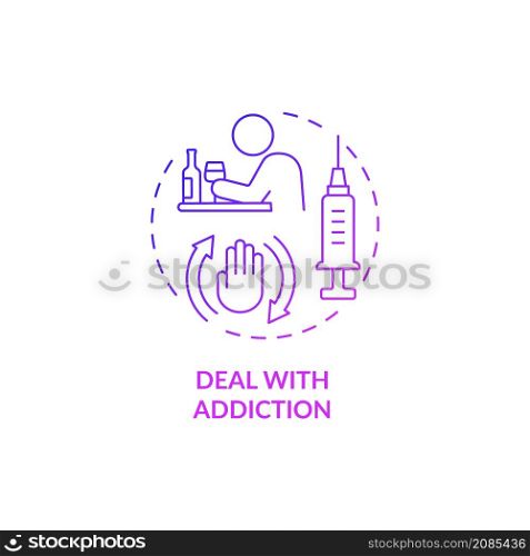 Deal with addiction purple gradient concept icon. Drug and alcohol dependence treatment abstract idea thin line illustration. Isolated outline drawing. Roboto-Medium, Myriad Pro-Bold fonts used. Deal with addiction purple gradient concept icon