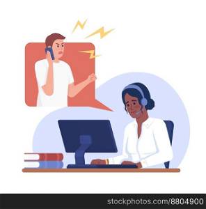 Deal with angry customer on phone 2D vector isolated illustration. Irate client and polite operator flat characters on cartoon background. Colorful editable scene for mobile, website, presentation. Deal with angry customer on phone 2D vector isolated illustration