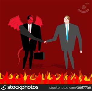 Deal with devil. Businessman and make a deal demon in hell. Satan and man shake hands. Handshake in purgatory. Contract between devil and manager. Lucifer in business suit and sinner&#xA;