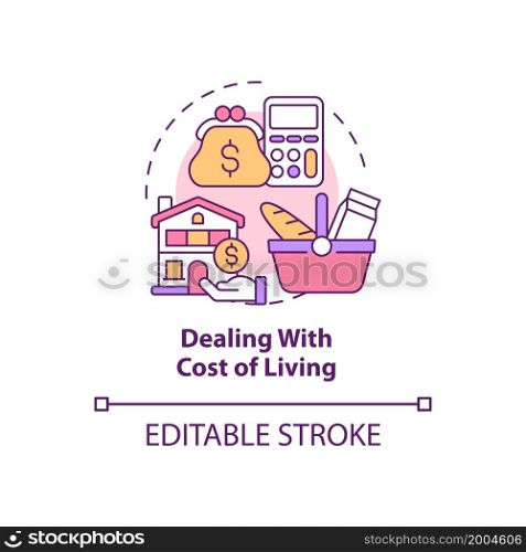 Dealing with cost of living concept icon. Expats struggle abstract idea thin line illustration. Paying for housing. Budget for living abroad. Vector isolated outline color drawing. Editable stroke. Dealing with cost of living concept icon