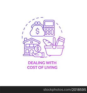 Dealing with cost of living purple gradient concept icon. Expats struggle abstract idea thin line illustration. Paying for housing. Budget for living. Vector isolated outline color drawing. Dealing with cost of living purple gradient concept icon