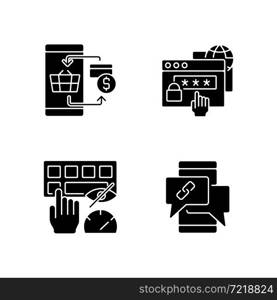 Dealing with digital technology black glyph icons set on white space. Personal security. Contactless payment. Blind typing skills. Instant messaging. Silhouette symbols. Vector isolated illustration. Dealing with digital technology black glyph icons set on white space