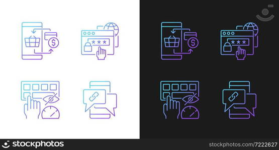 Dealing with digital technology gradient icons set for dark and light mode. Personal security. Thin line contour symbols bundle. Isolated vector outline illustrations collection on black and white. Dealing with digital technology gradient icons set for dark and light mode